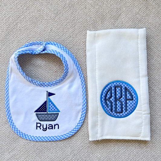 Sailboat Bib and Classic Circle Burp Cloth