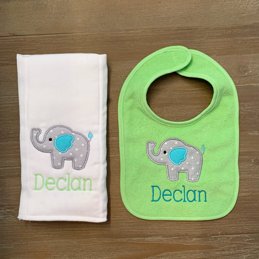 Baby Elephant bib + burp cloth set