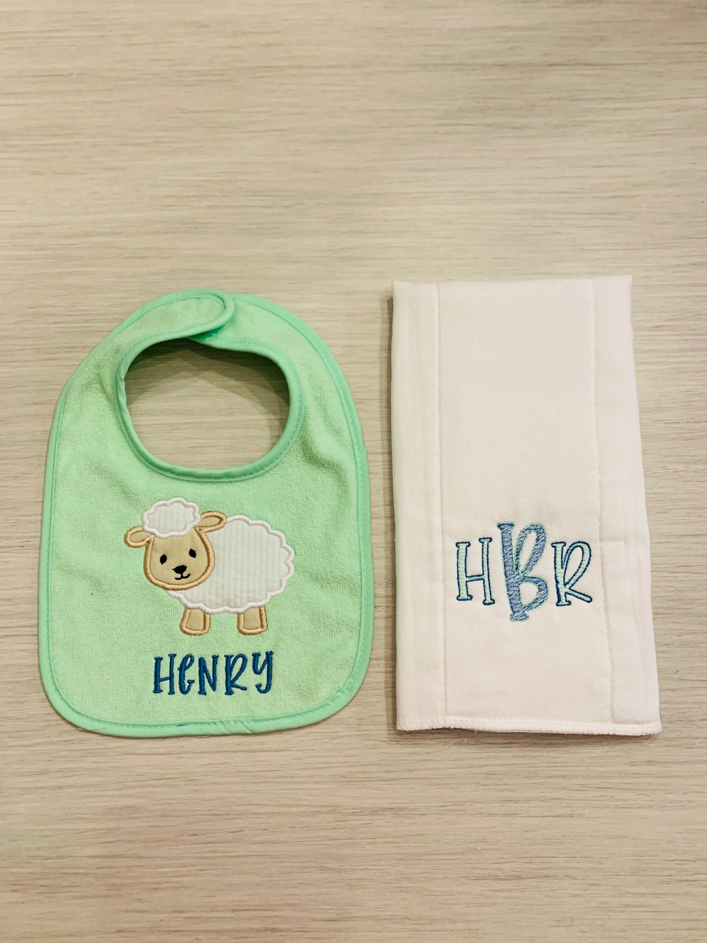 Lamb bib + monogram burp cloth